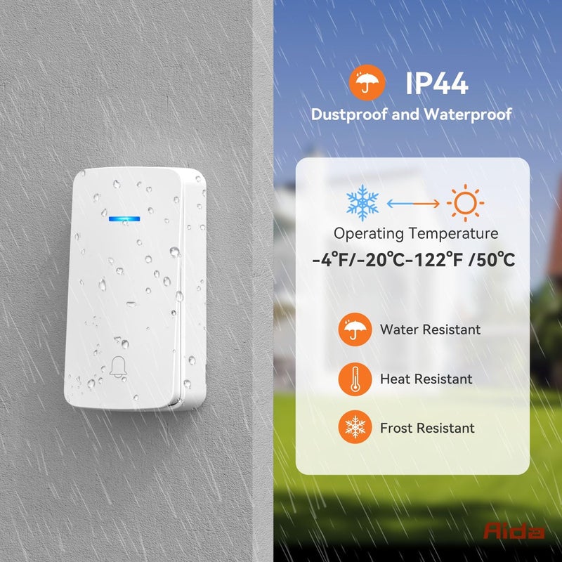Aida Wireless Doorbell, Self-powered Doorbell with Extra Socket, No Battery Required Push Button, Cordless Door Bell Ringer, 5 Volume Levels with 32 Doorbell Chimes (White, 2 Button & 1 Receiver) - Image 5